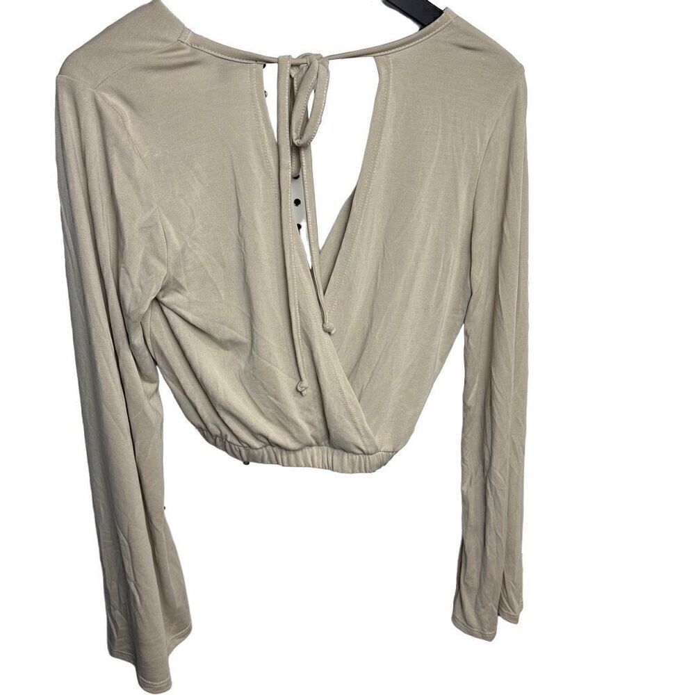 Lulus Tan Bell Sleeve Tie Back Crossover Cropped Top Size Small - Picture 4 of 4